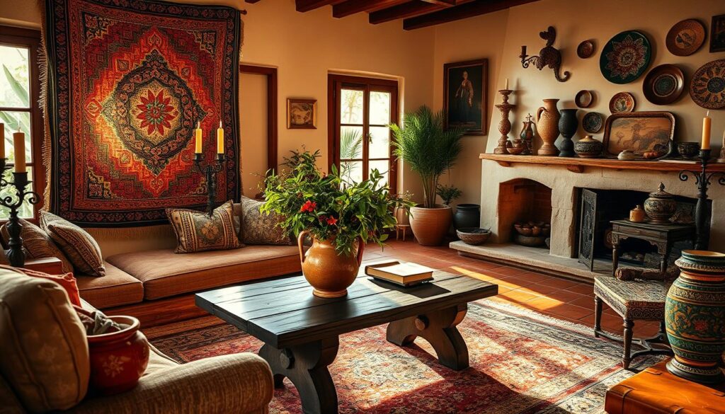 Spanish-style decor with vibrant colors and rustic elements