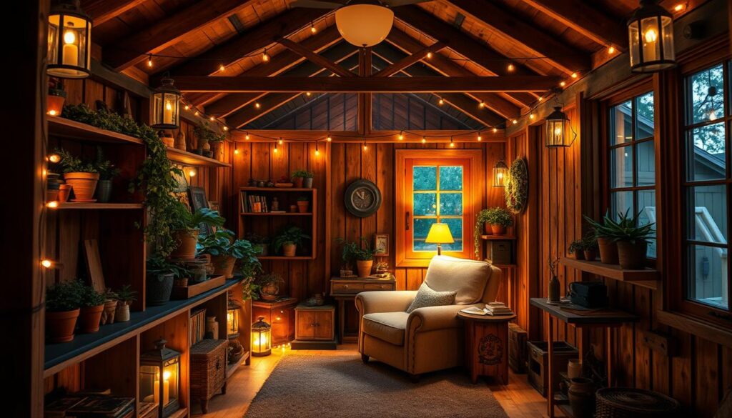 cozy shed interior lighting