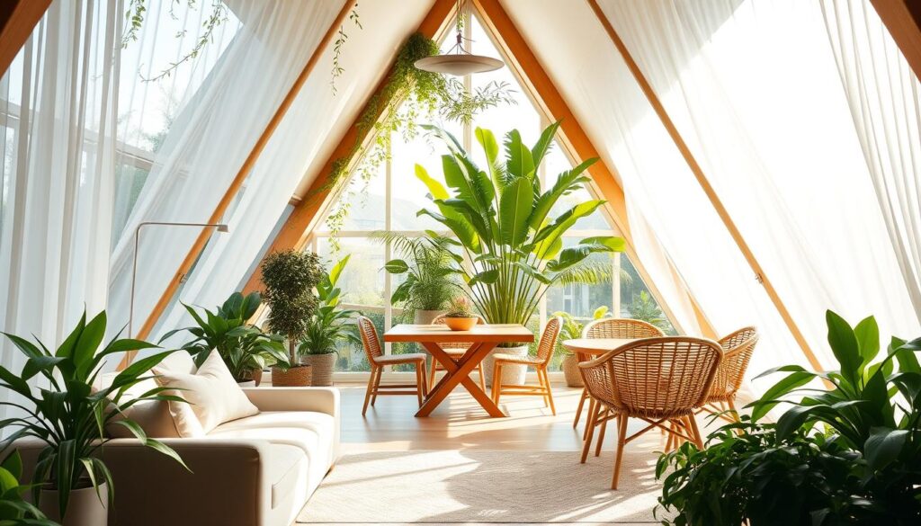 modern A-frame interior with indoor plants modern A-frame interior with indoor plants
